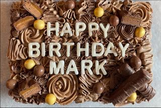 A cake that is decorated
with the words, happy birthday mark